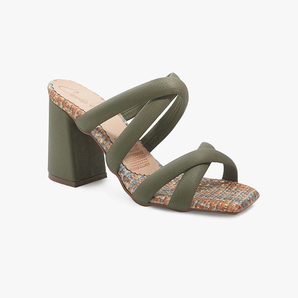 Sandalia Verde Oliva con Tacón y Tiras Acolchadas Estilo Mule